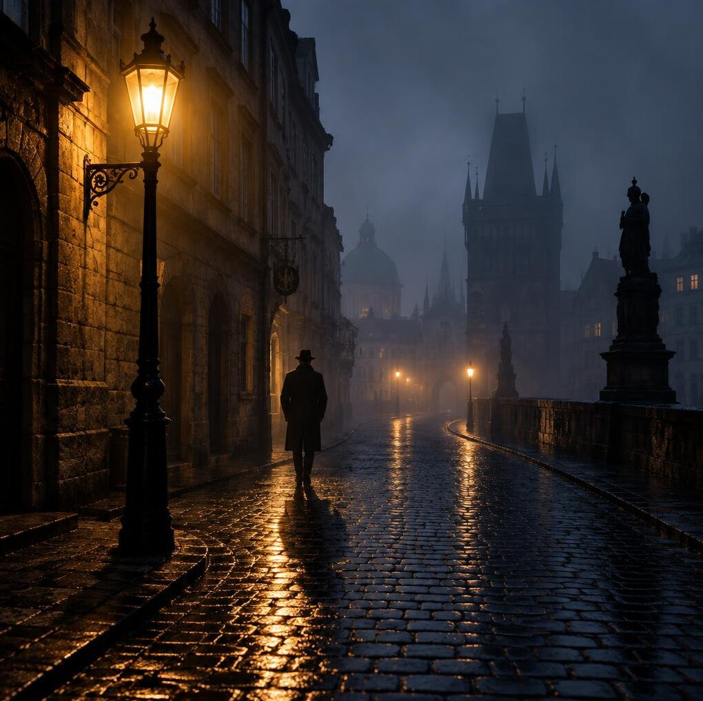 Foggy European cobblestone street at night with a glowing streetlamp