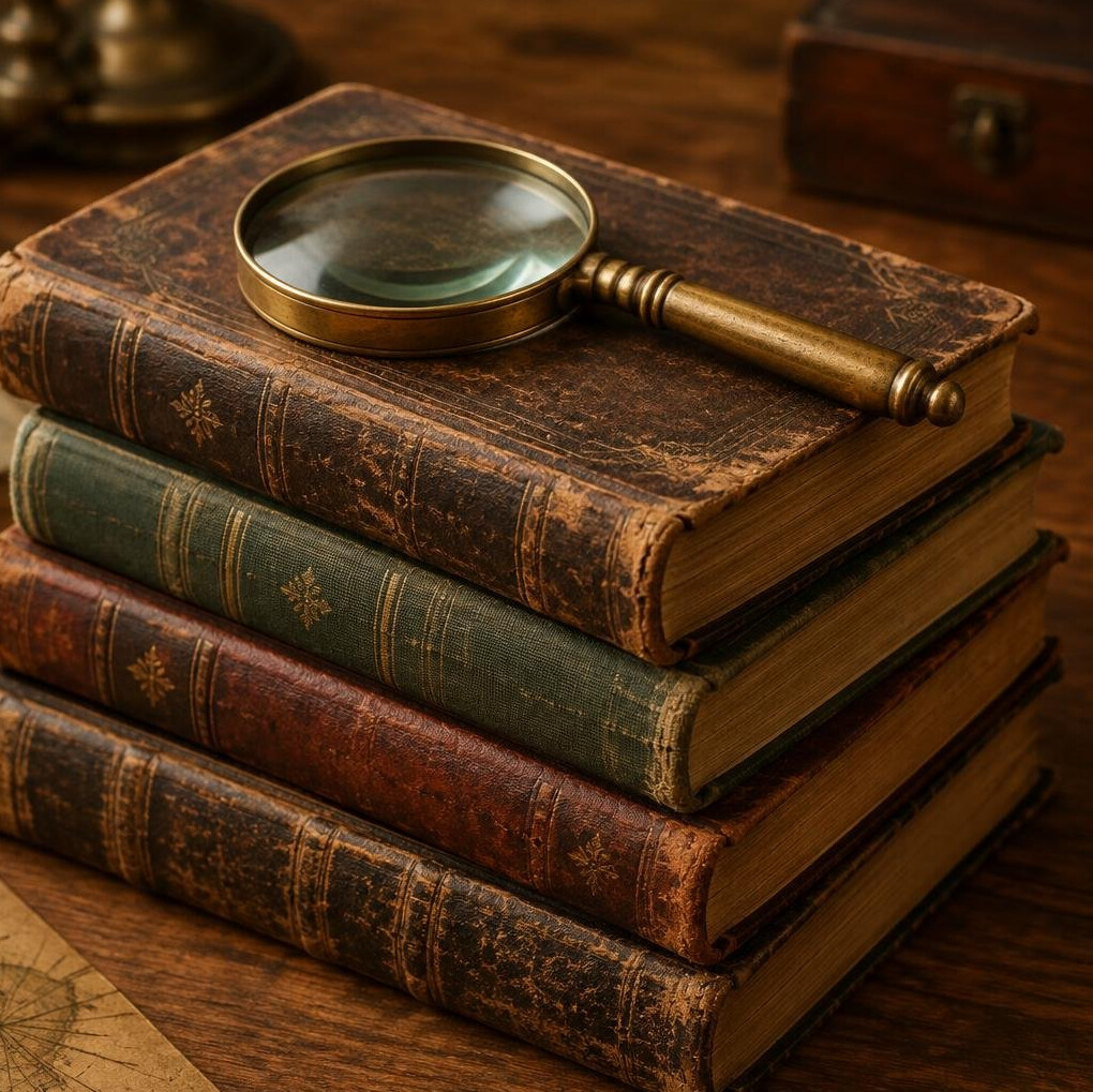 Stack of old books with a magnifying glass on top