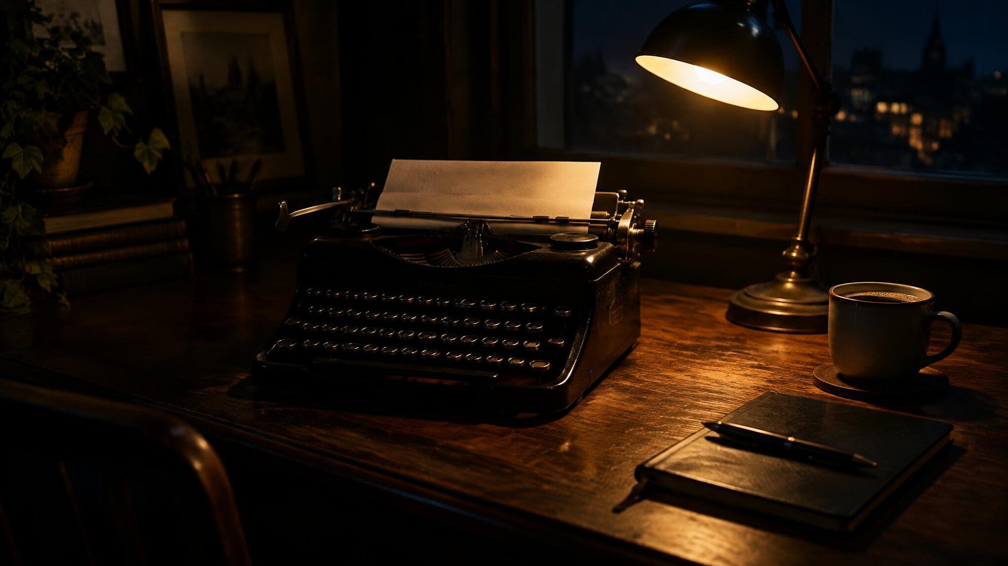 Vintage typewriter on a wooden desk in dim atmospheric light