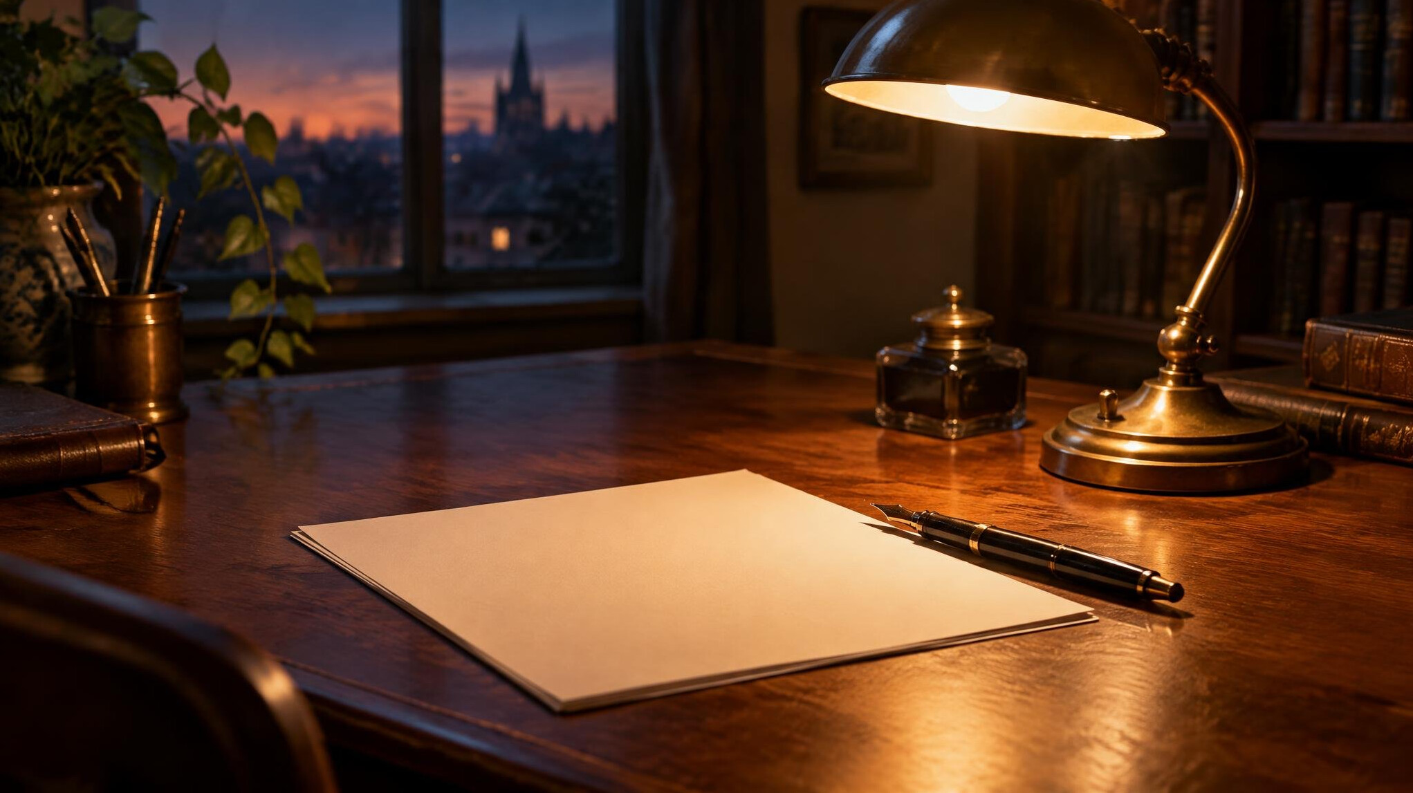 Wooden writing desk with paper and warm lamp light