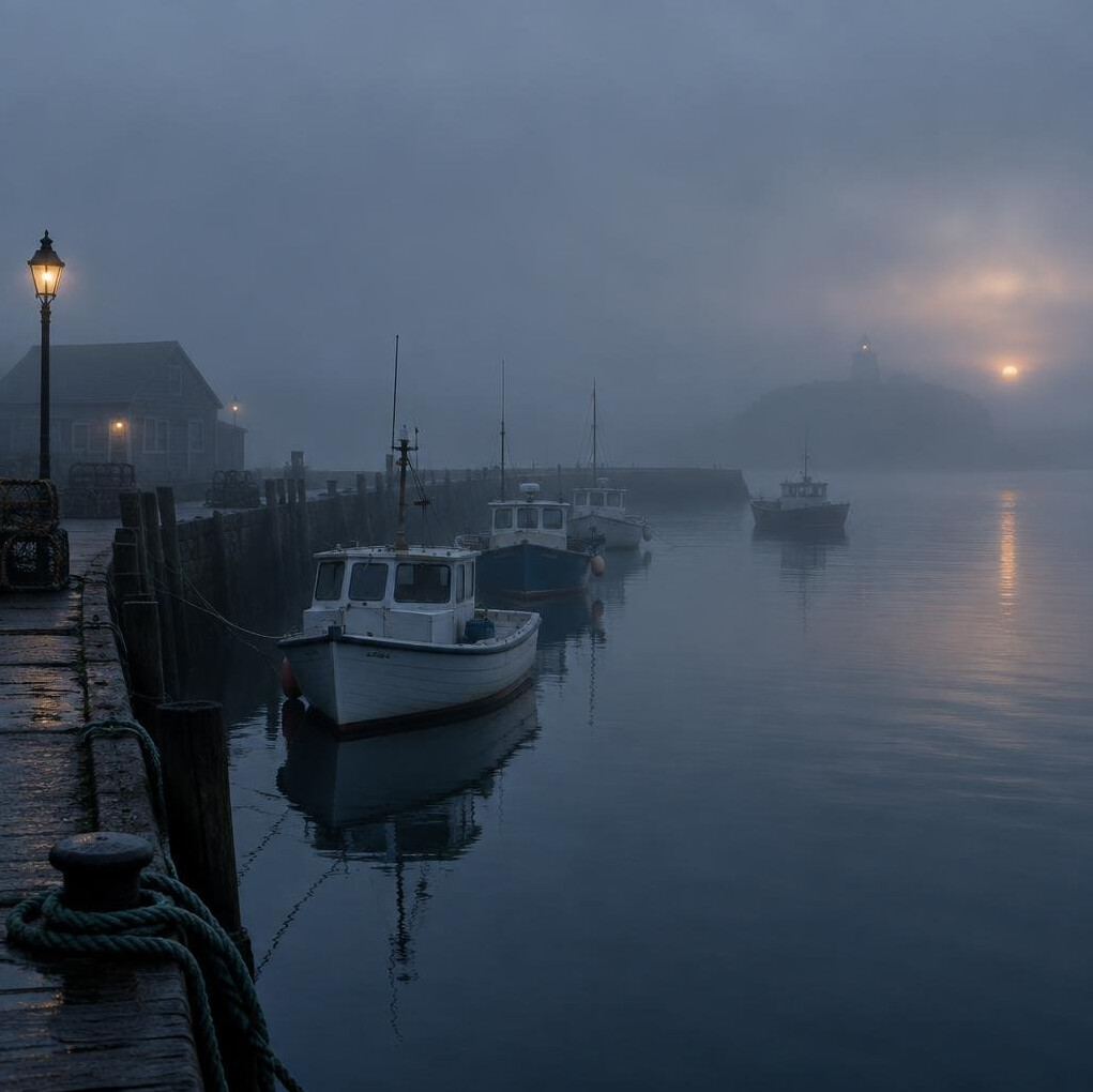 Foggy harbor pier at dusk with moored boats