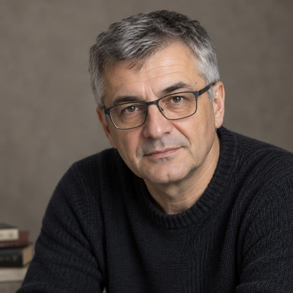 Studio portrait of a middle-aged Croatian male writer with glasses