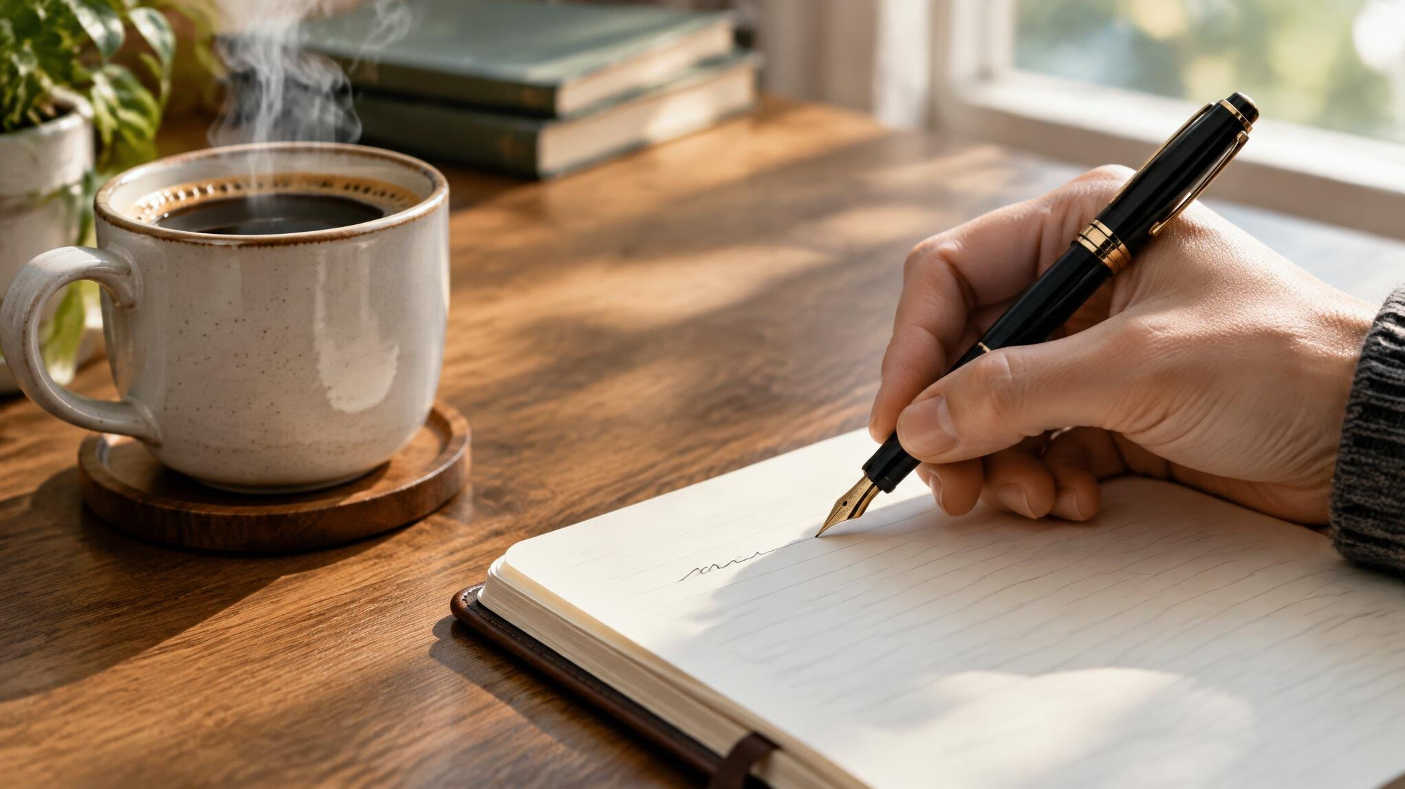 Hand writing in a notebook next to a cup of coffee