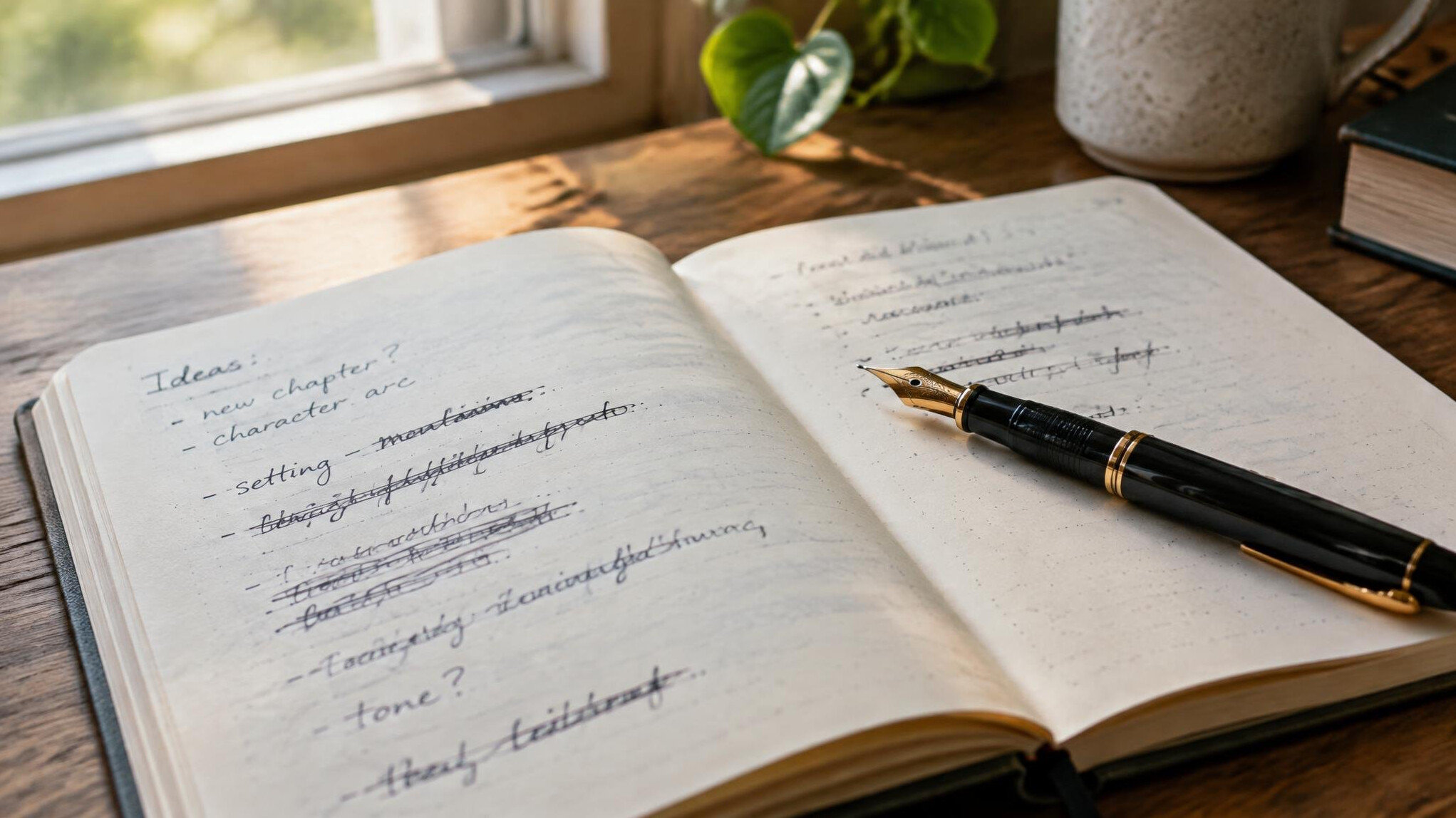 Open notebook with handwritten notes and a pen on a wooden table